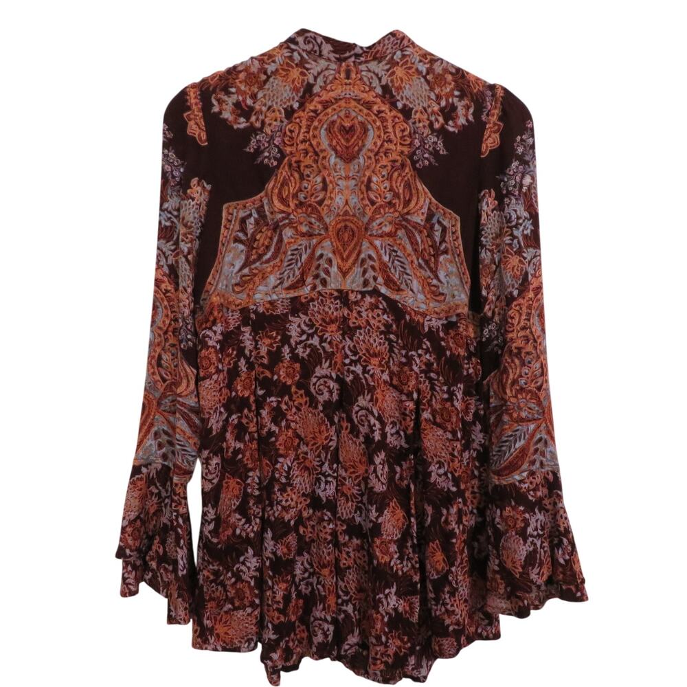Free People Womens Sz XS Burgundy Red High Neck Cut Out Long Sleeve Tunic Top